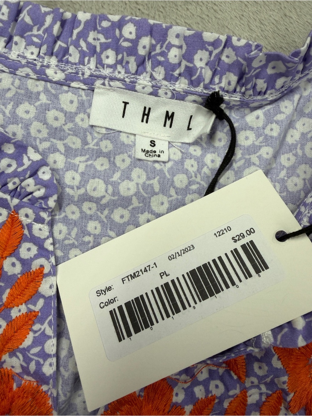 NWT THML Floral Embroidered Purple Orange White Short Puff Sleeve Blouse Small - Picture 11 of 14